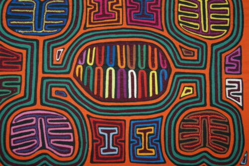 Kuna Indian Textile Folk Art, Mola Blouse Panel from San Blas Islands, Panama. Hand Stitched Applique:  Musical Theme, Maracas Rattle, 17
