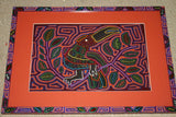 Kuna Indian Abstract Traditional Mola blouse panel from San Blas Islands, Panama. Hand stitched Applique: Teapot Kettle with Birds Motifs, Parrots in nest, Butterflies 16" x 11"  (115A)