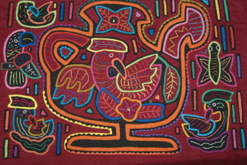 Kuna Indian Abstract Traditional Mola blouse panel from San Blas Islands, Panama. Hand stitched Applique: Teapot Kettle with Birds Motifs, Parrots in nest, Butterflies 16