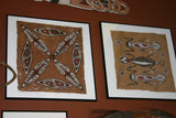 Rare Tapa Bark Cloth (Kapa in Hawaii), from Lake Sentani, Irian Jaya, Papua New Guinea. Hand painted by a Tribal Artist with natural pigments: Spiritual Stylized Shield Motifs & Fish 20" x 13 1/2" (no 23)