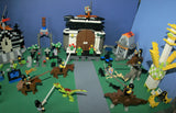 CUSTOM LEGO SET WITH 1751 PCS AND 37 NOW RARE RETIRED MINIFIGURES, 12 ANIMALS INCLUDING HORSES & DINOSAURS, 5 BUILDS: CASTLE, FORTRESS, TOWERS, WINDMILL, TIME MACHINE, ROBOT VEHICLE, TOMBS, FOUNTAIN, ROAD (KIT 24)