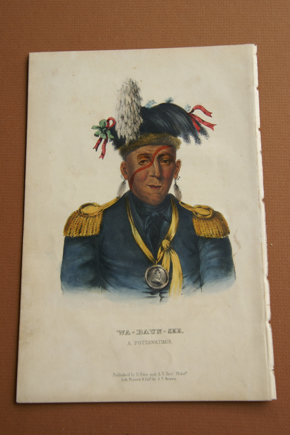 1855 Original Hand colored lithograph of WA-BAUN-SEE, A POTTAWATIMIE from the octavo edition of McKenney & Hall’s History of the Indian Tribes of North America (WABAUNSEE)