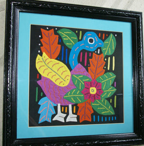 A Kuna Indian Folk Art Mola from San Blas Islands, in Unique Custom Frame with 1 Turquoise Mat & Glass : Hand stitched Textile Applique: Colorful Goose & Hibiscus Flowers, 14" x 14" (DFM17) Wall Décor