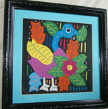 A Kuna Indian Folk Art Mola from San Blas Islands, in Unique Custom Frame with 1 Turquoise Mat & Glass : Hand stitched Textile Applique: Colorful Goose & Hibiscus Flowers, 14" x 14" (DFM17) Wall Décor
